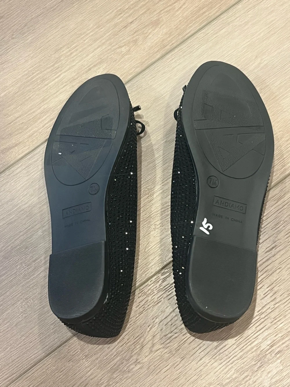 Black Andiamo Ballet Flats Sparkling Rhinestone Embellishments Bows Size 7